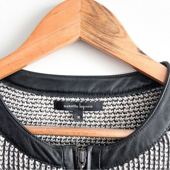 Nanette Lepore Jacket Knit Black White Zip Leather Trim Women's M Cardigan - Picture 4 of 8